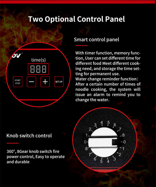 Two optional control panels of commercial induction pasta boiler cooker.