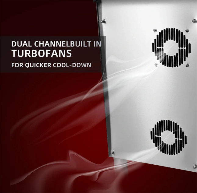 Dual channerl built-in turbo fans for quicker cool-down